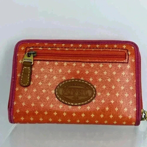 Fossil Women's Wallet Orange Coated Canvas Zip Around Geometric Accordion Wallet - Picture 1 of 5
